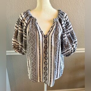 Velvet Graham & Spencer Boho Peasant Top Size S Black White Tribal Puff Sleeve